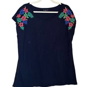 Talbots Womens Size XL Navy‎ Short Sleeve Knit Top Floral Embroidered Shoulder